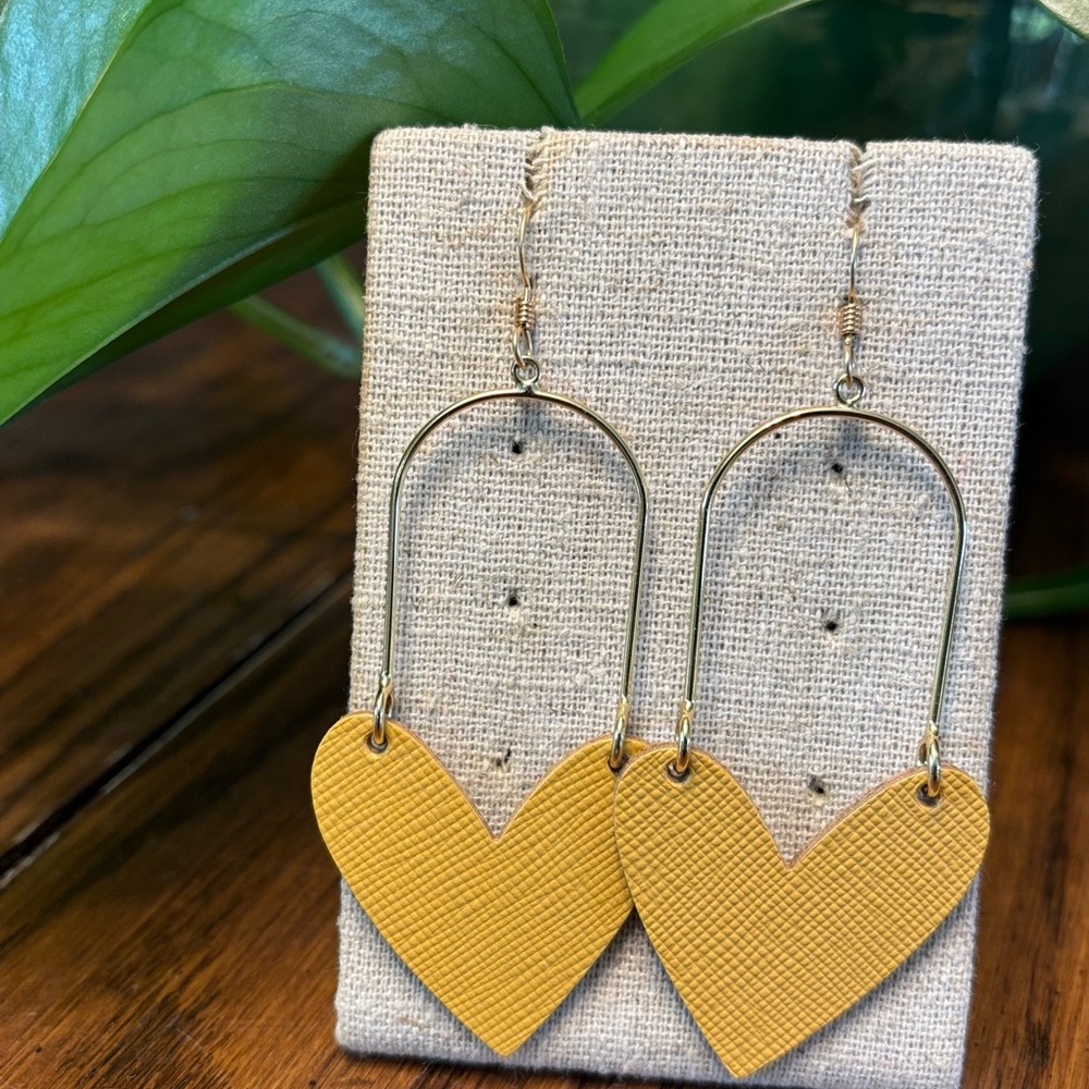 Nickel & Suede Yellow Heart Leather Dangle Earrings